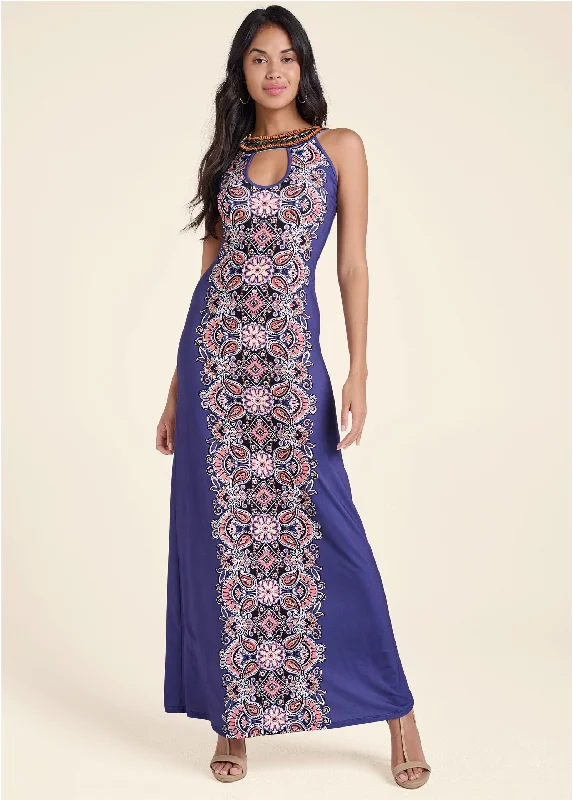 Beaded Print Dress - Blue Multi