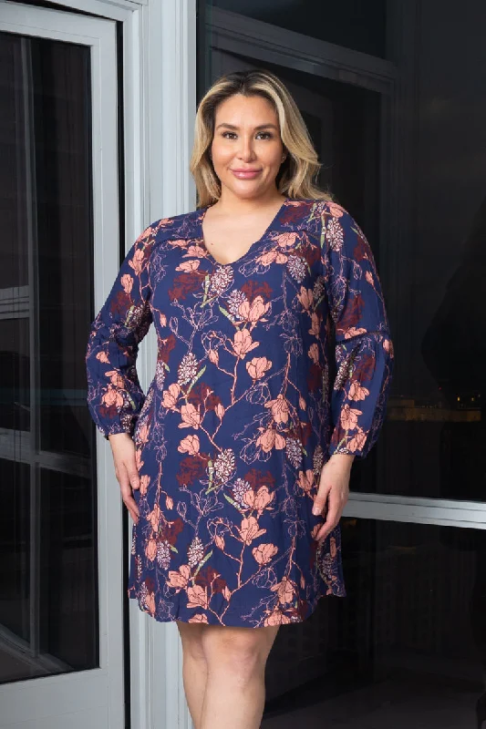 Plus Size V-Nek 3/4 Sleeve Floral Print Midi Dress W/full lining (195913)