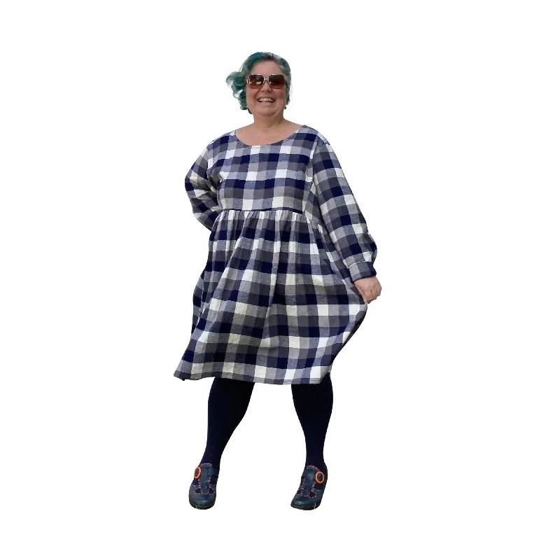 Winter Sally Plus Size Dress with Pockets | Blue & Grey Tartan Flannelette