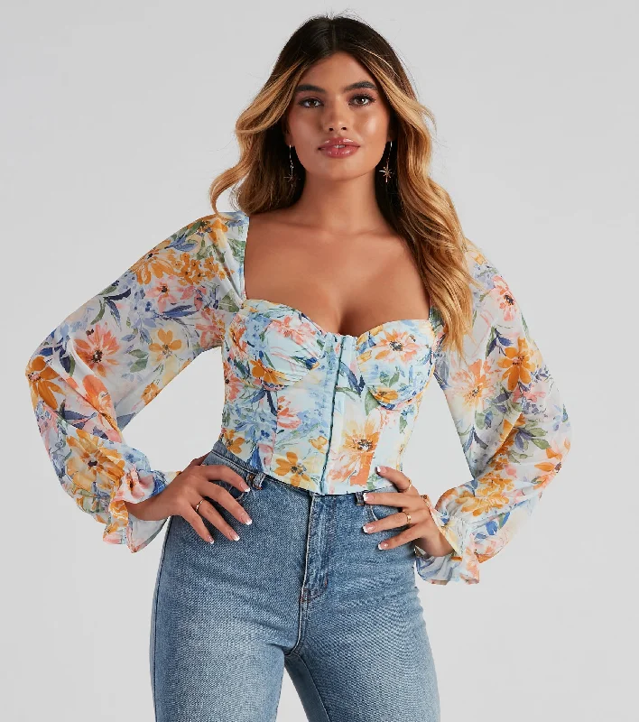 Plus Size Women Long Sleeve Top for a Flattering and Comfortable FitTropic Ready Floral Chiffon Corset