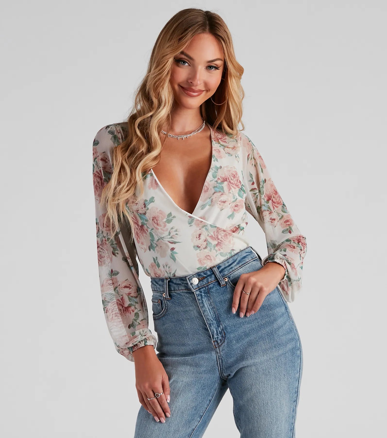 Mock Neck Women Long Sleeve Top for a Modern AestheticPick Me Floral Surplice Top