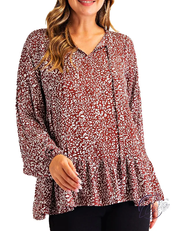 Ribbed Women Long Sleeve Top with a Textured AppealLEOPARD PRINTED RUFFLE BOTTOM TUNIC