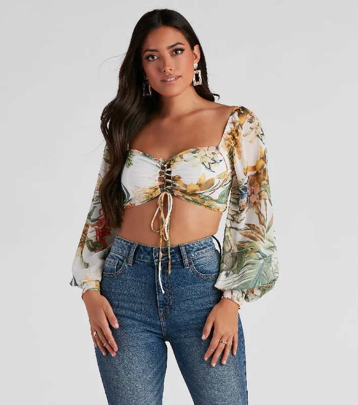 Pocket - Equipped Women Long Sleeve Top for Added FunctionalityTropical Babe Chiffon Crop Top