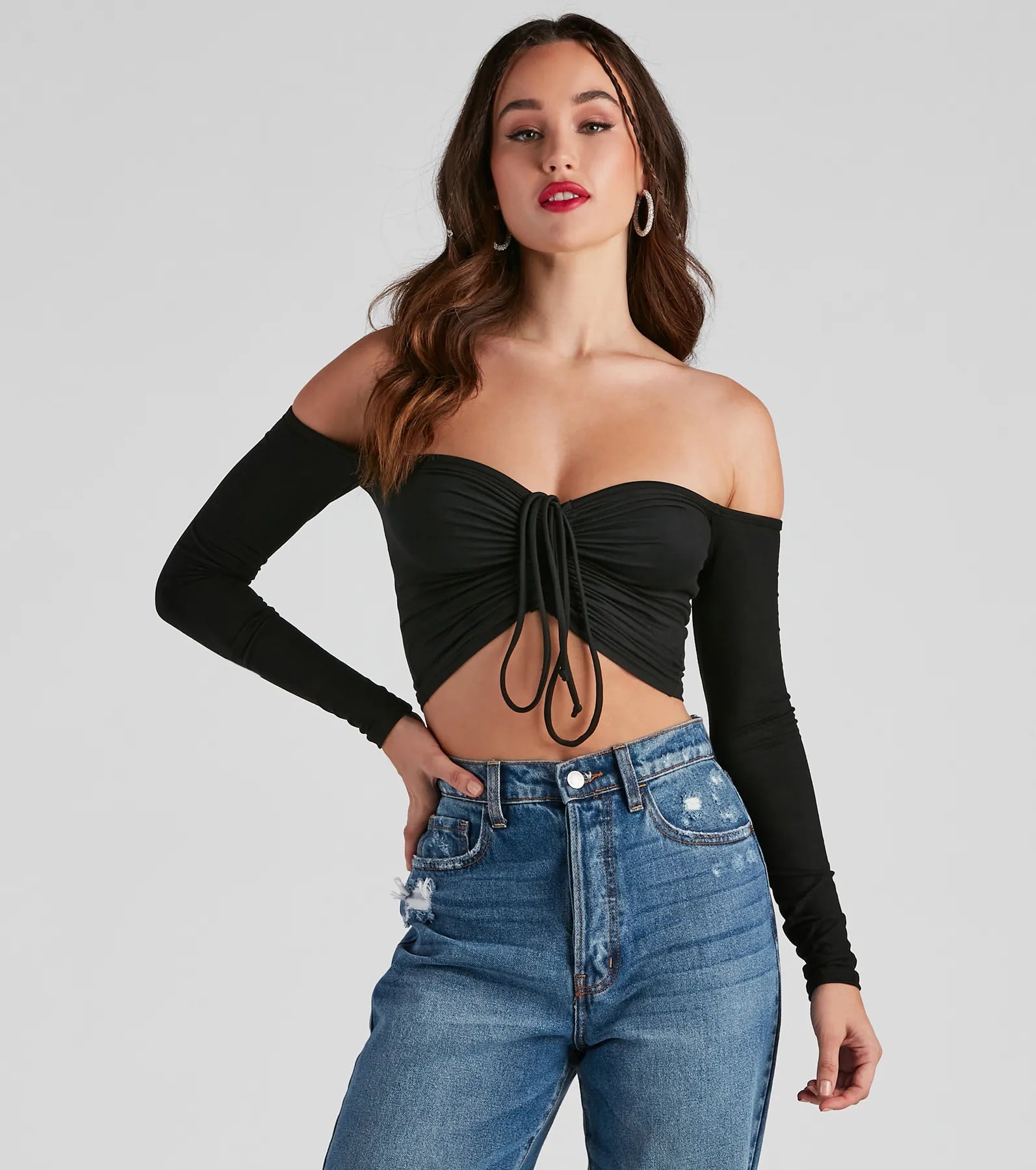 Lace - Trimmed Women Long Sleeve Top for an Elegant LookReal Cute Off The Shoulder Top