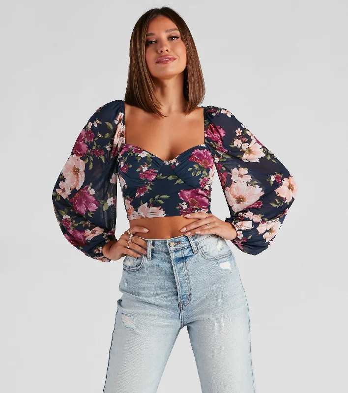 Cropped Women Long Sleeve Top to Pair with High - Waisted BottomsFlirty Floral Mesh Bustier