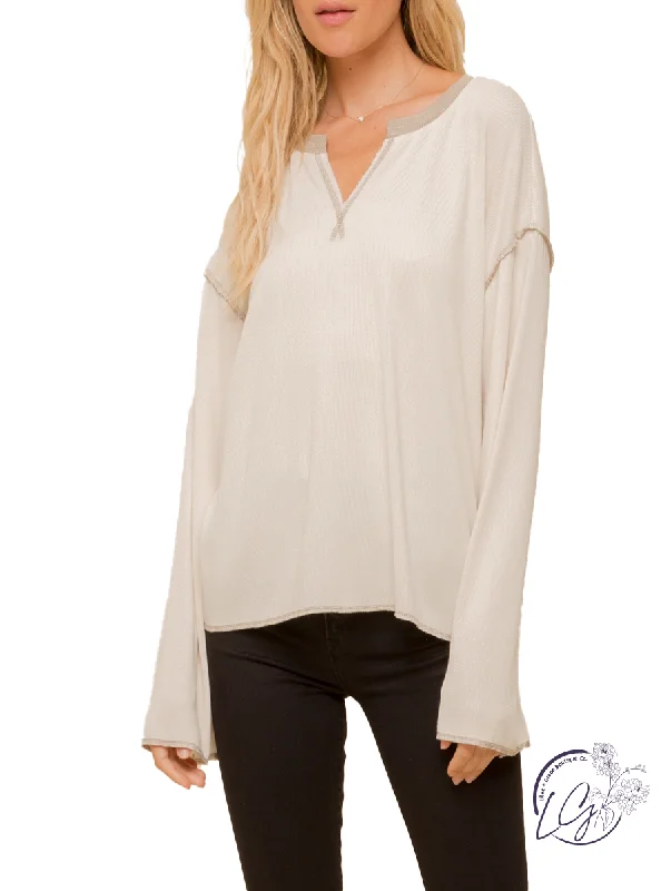 Ribbed Women Long Sleeve Top with a Textured AppealPlaying Along V-Neck Boxy Long Sleeve