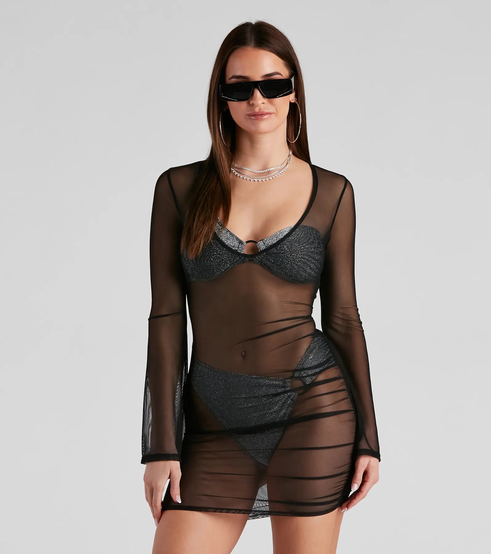 Metallic Accent Women Long Sleeve Top for a Glamorous LookOut Of Water Mesh V-Neck Coverup