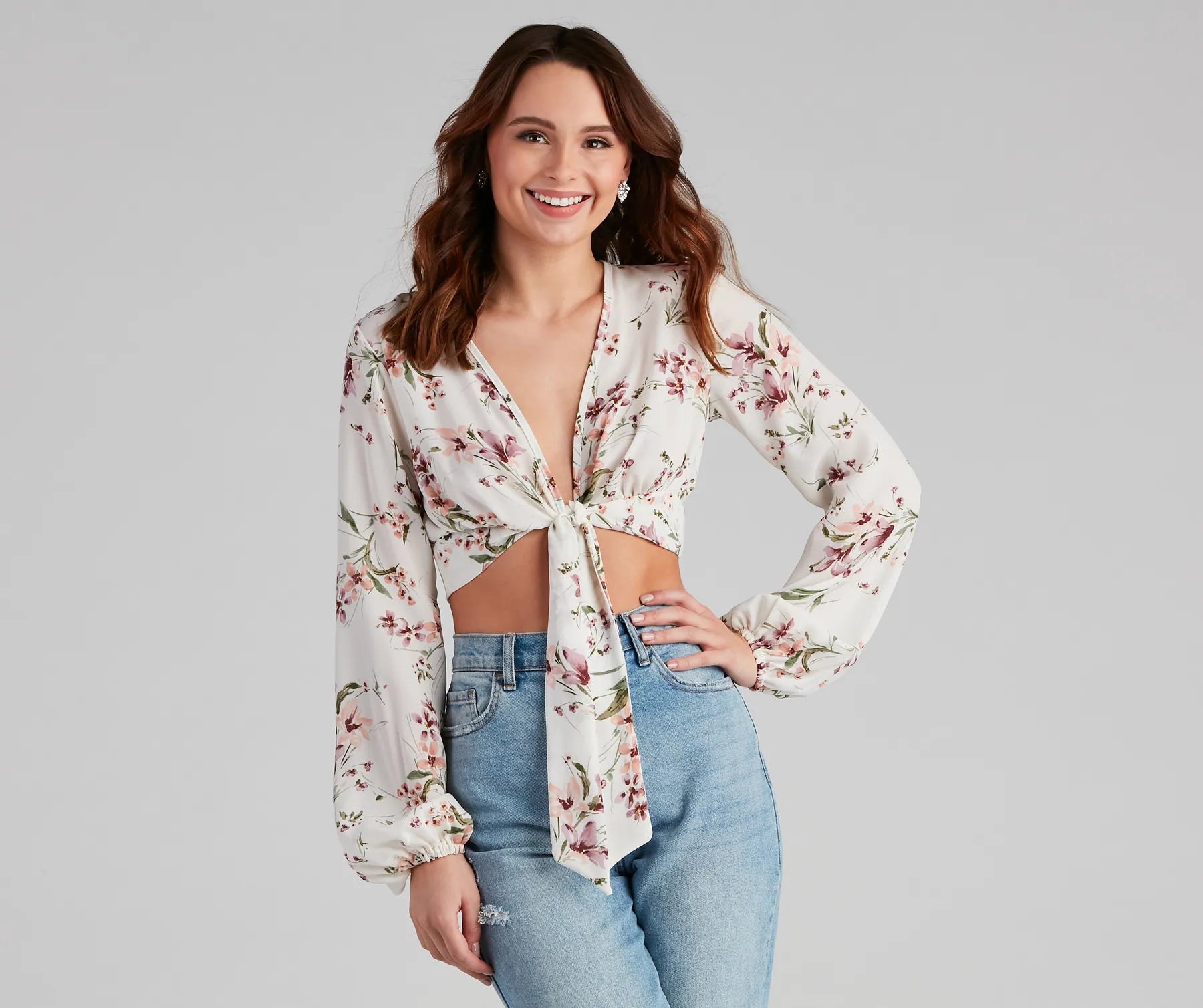 Ruffled Cuff Women Long Sleeve Top with a Feminine TouchBloom Mood Floral Tie-Front Top