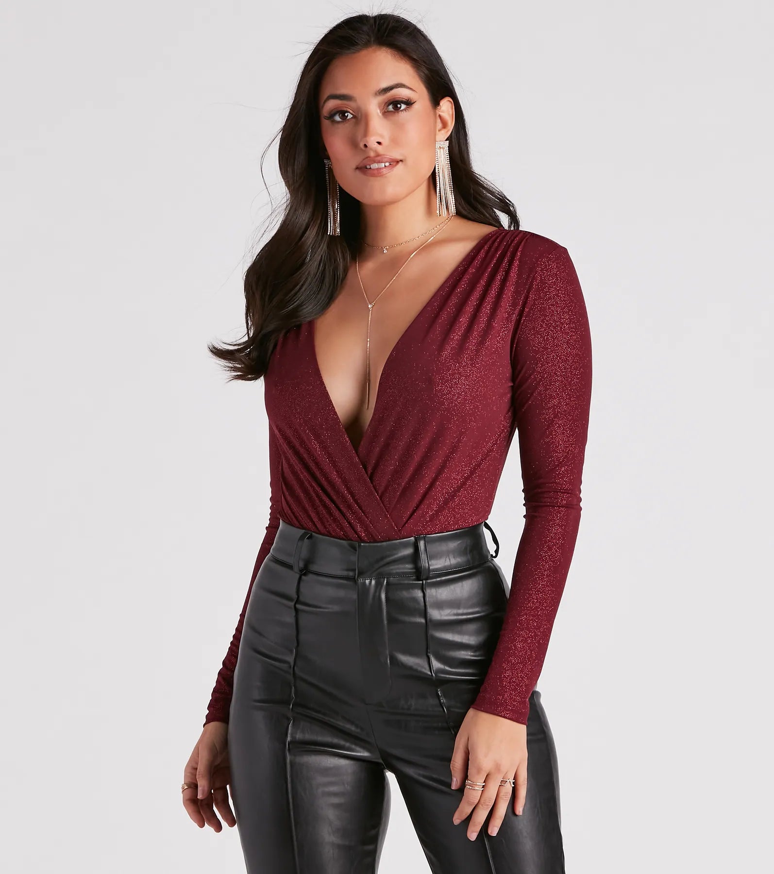 Metallic Accent Women Long Sleeve Top for a Glamorous LookSimple Glam Moment Bodysuit