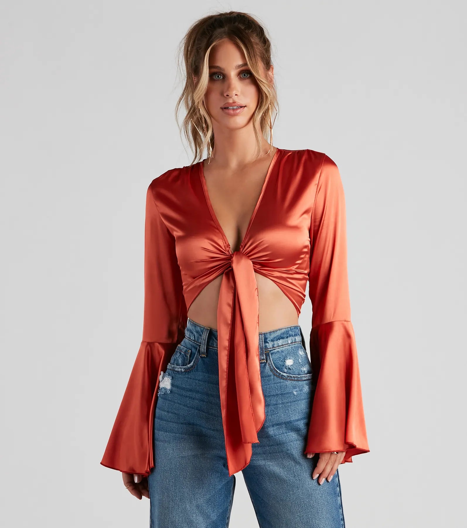 Button - Down Women Long Sleeve Top for a Classic StyleSpeechless Satin Tie-Front Top