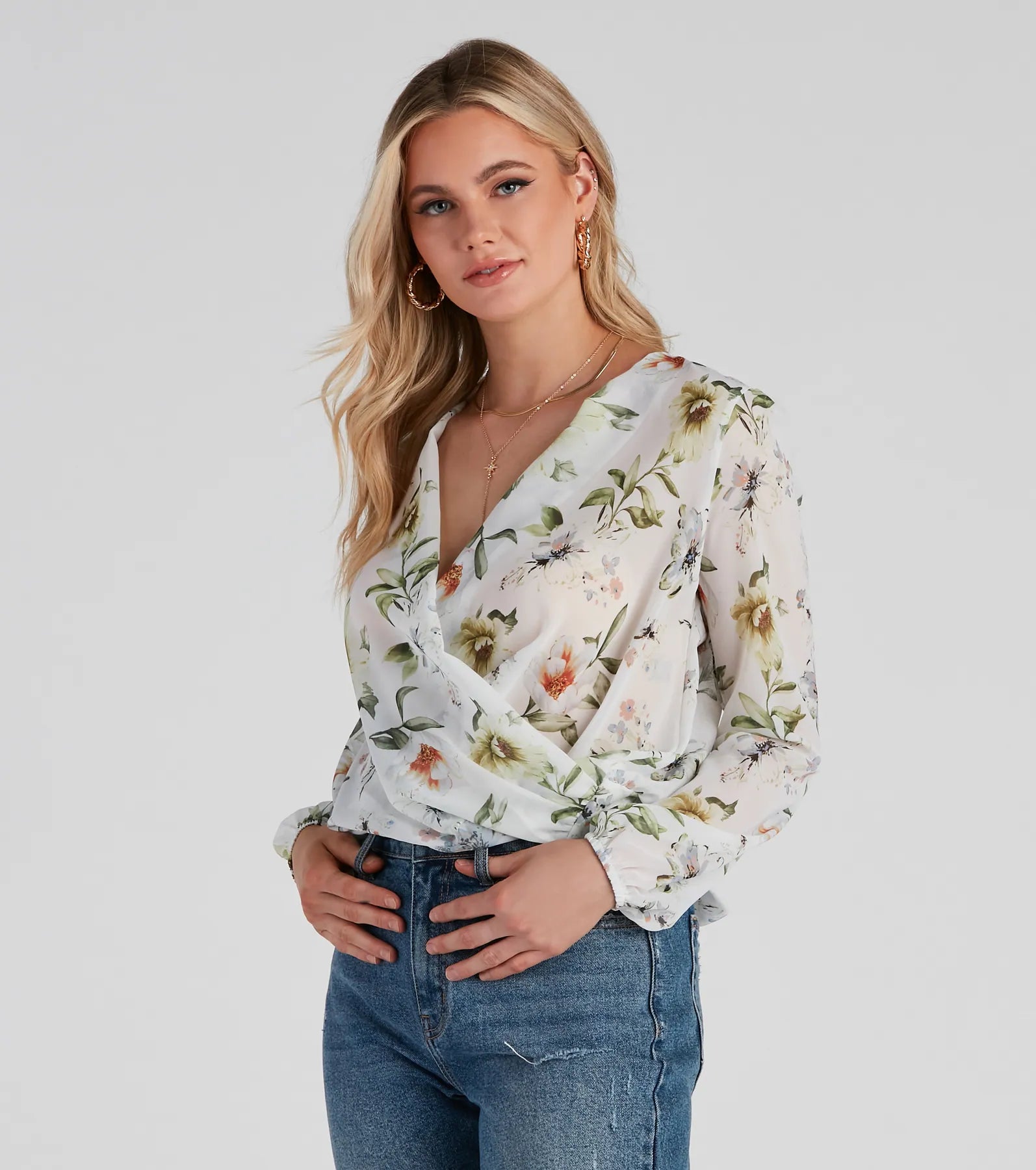 Metallic Accent Women Long Sleeve Top for a Glamorous LookFloral Romance Chiffon Surplice Top