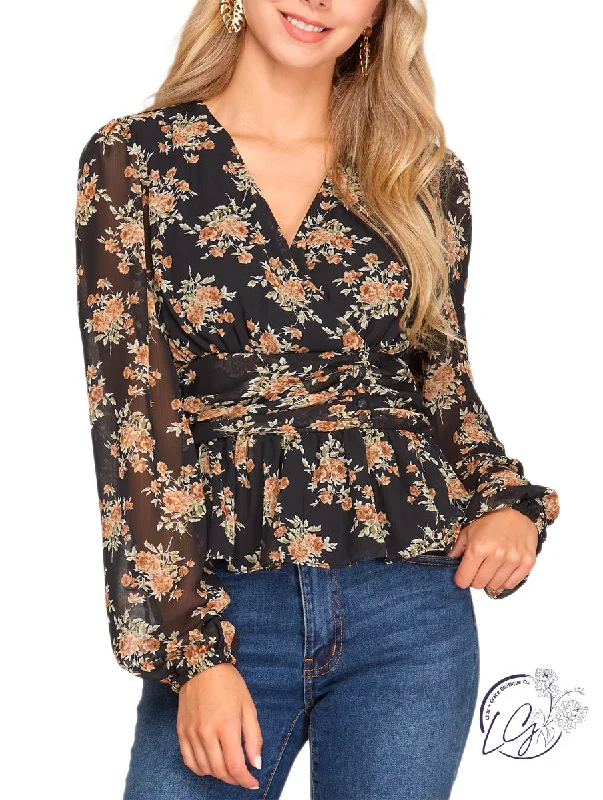 Ribbed Women Long Sleeve Top with a Textured AppealComing Together Floral Surplice Top