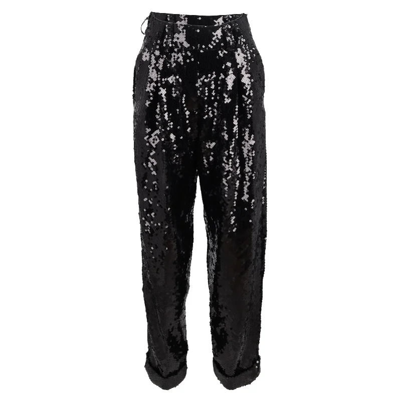 Balmain High-Waisted Sequin Detail Straight-Leg Pants in Black Polyester