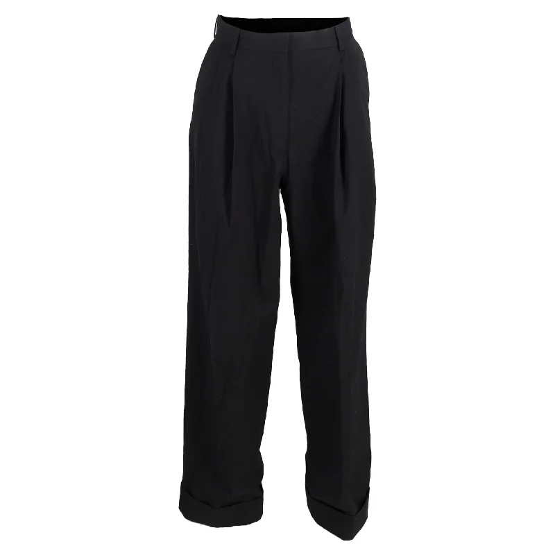 Dries Van Noten Pleated High-Waist Wide-Leg Trousers in Black Wool