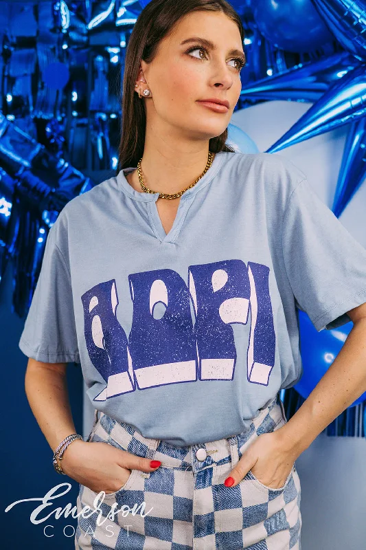 Sequined Women T Shirt for a Sparkly Night OutAlpha Delta Pi Recruitment Block Letter Notch Tee