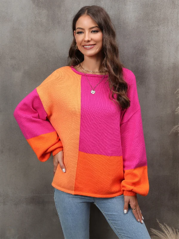 Cable - Knit Women Sweater with Intricate PatternsAngel Wings Color Block Round Neck Dropped Shoulder Sweater