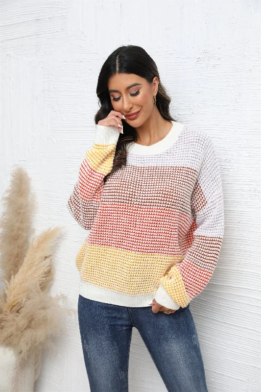 Oversized Women Sweater for a Cozy and Fashionable LookAngel Wings Waffle-Knit Round Neck Dropped Shoulder Color Block Sweater