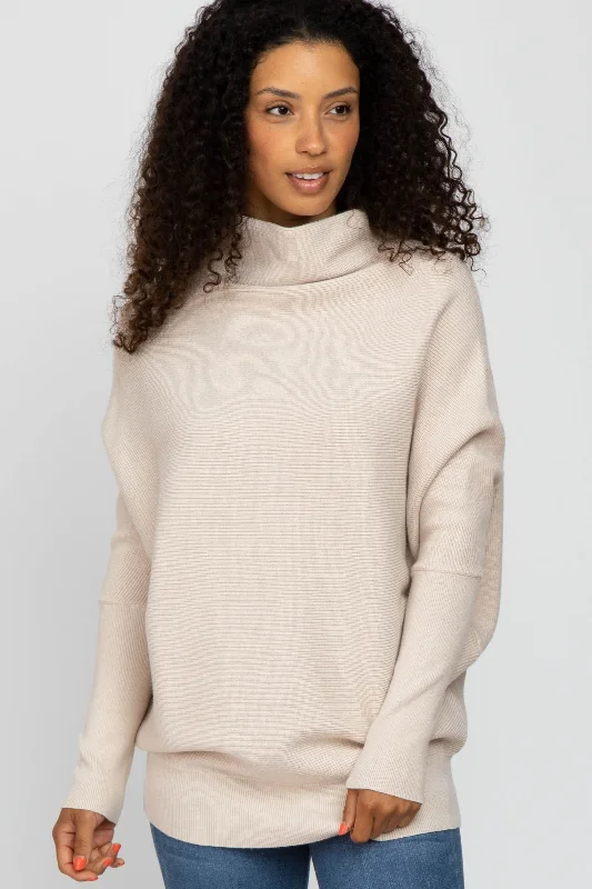 Cropped Women Sweater to Pair with High - Waisted BottomsBeige Funnel Neck Dolman Sleeve Sweater