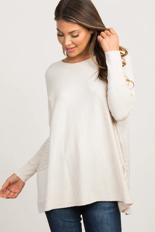 Cable - Knit Women Sweater with Intricate PatternsBeige Pocketed Dolman Sleeve Top