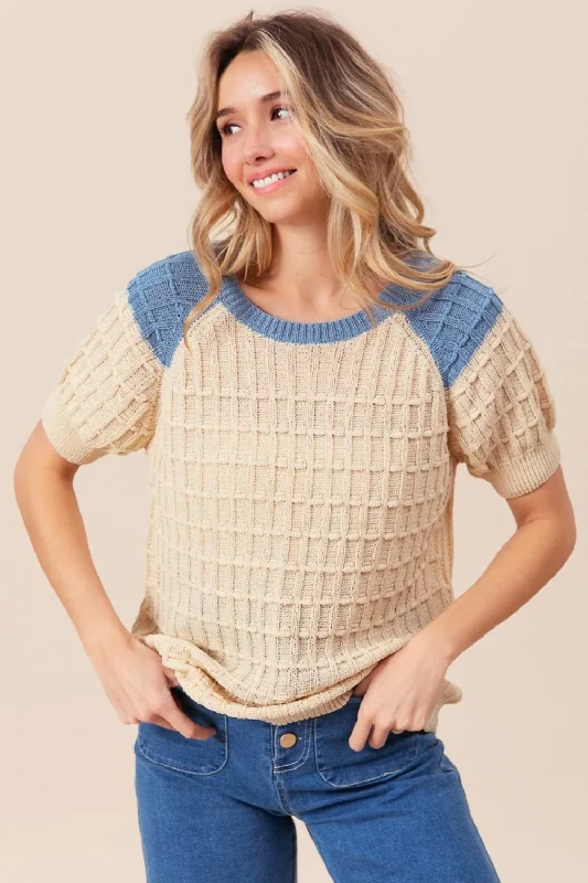 Organic Cotton Women Sweater for an Eco - Friendly ChoiceBiBi Textured Contrast Short Sleeve Sweater