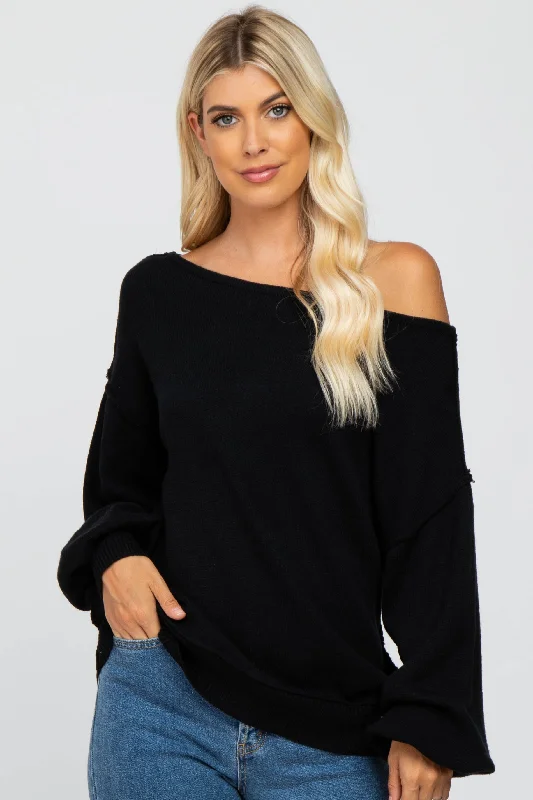 Cropped Women Sweater to Pair with High - Waisted BottomsBlack Boat Neck Bubble Sleeve Sweater