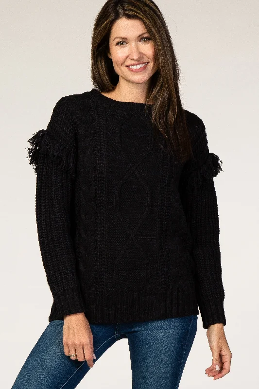 Button - Down Women Sweater for a Versatile LookBlack Cable Knit Fringe Sleeve Sweater