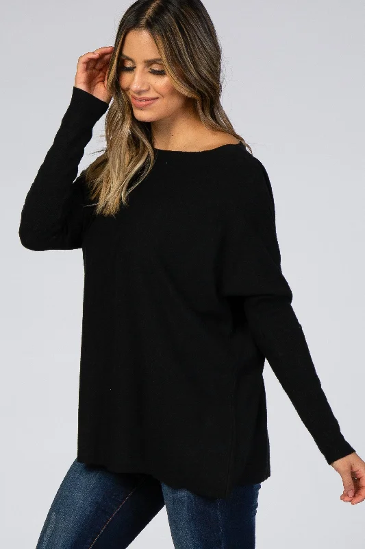 Cable - Knit Women Sweater with Intricate PatternsBlack Soft Knit Boatneck Dolman Sleeve Sweater