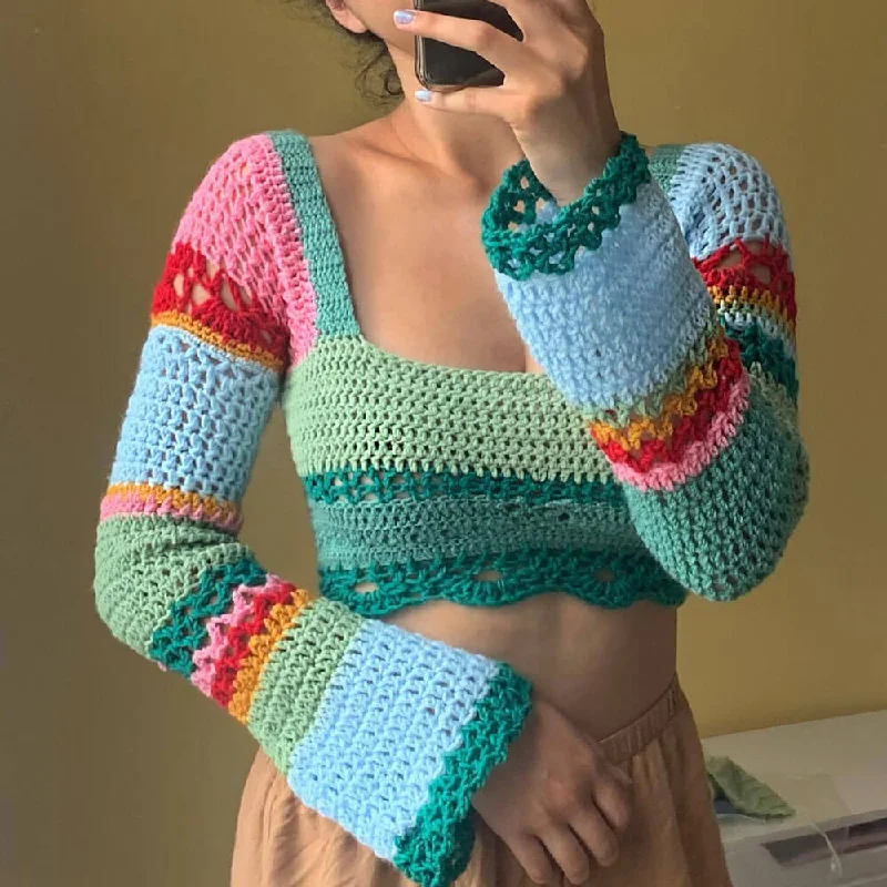 Organic Cotton Women Sweater for an Eco - Friendly ChoiceBoho Square Neck Rainbow Striped Crochet Open Knit Cropped Top