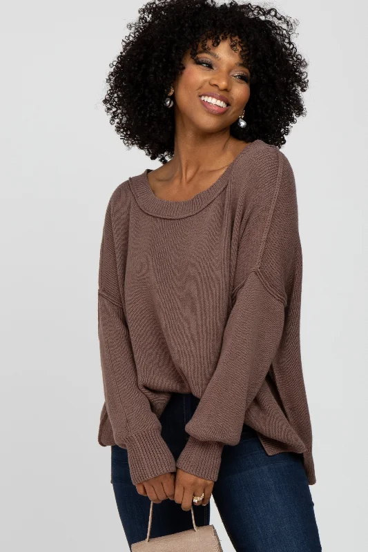 Mock - Neck Women Sweater for a Modern TwistBrown Exposed Seam Side Slit Sweater