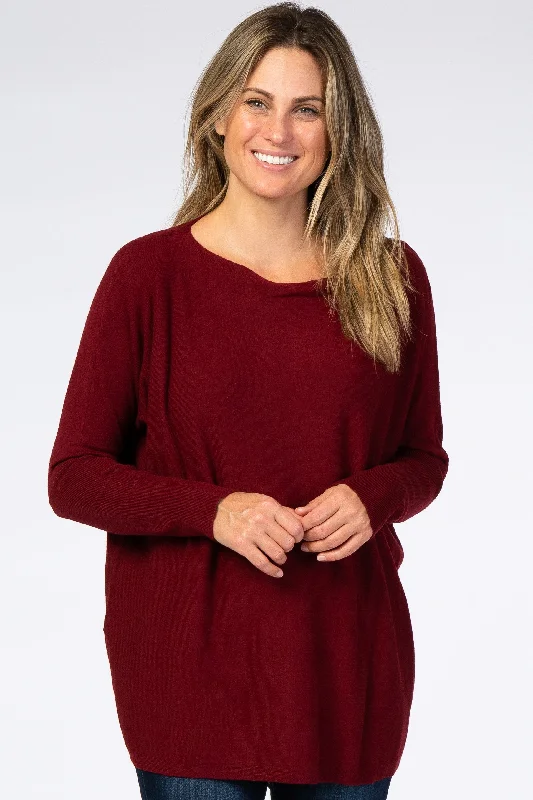 Cropped Women Sweater to Pair with High - Waisted BottomsBurgundy Soft Knit Boatneck Dolman Sweater