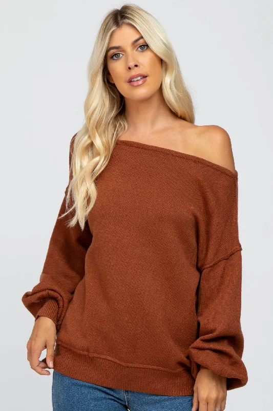 Mock - Neck Women Sweater for a Modern TwistCamel Boat Neck Bubble Sleeve Sweater