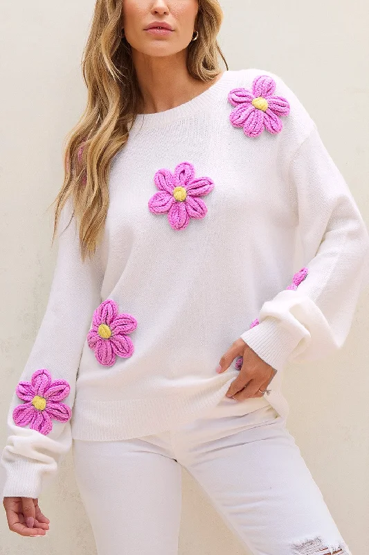 Button - Down Women Sweater for a Versatile LookCrochet Flower Round Neck Long Sleeve Sweater