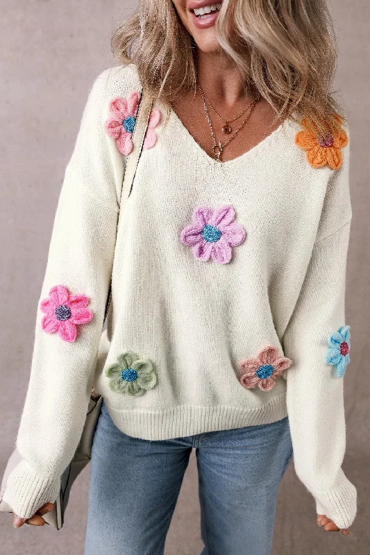 Cropped Women Sweater to Pair with High - Waisted BottomsCrochet Flower V-Neck Long Sleeve Sweater