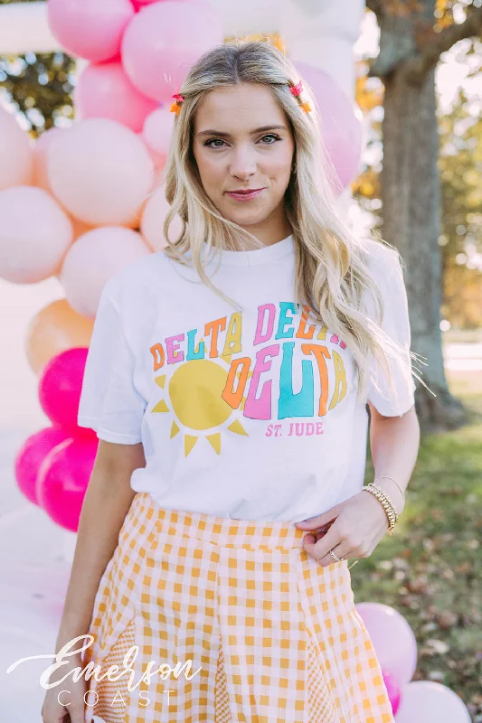 Ringer T Shirt Women with Retro - Inspired StripesDelta Delta Delta Philanthropy Colorful Sunshine Tee