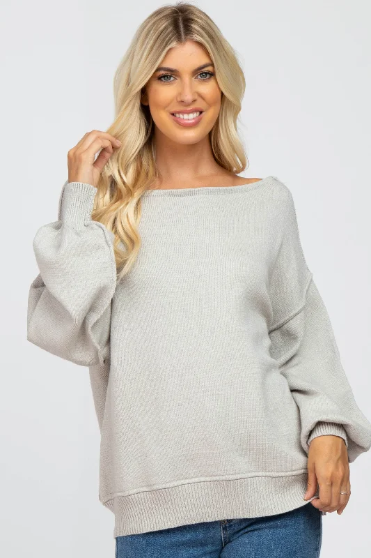 Mock - Neck Women Sweater for a Modern TwistGrey Boat Neck Bubble Sleeve Sweater