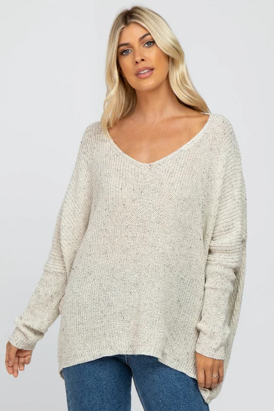 Mock - Neck Women Sweater for a Modern TwistIvory Speckled Oversized Sweater