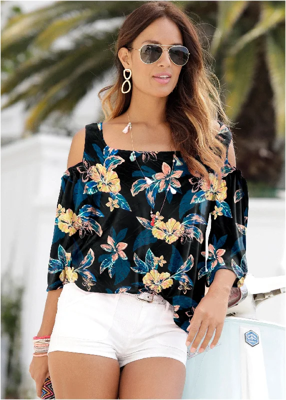 Lightweight Women Sweater for Spring and FallPrinted Cold-Shoulder Top - Blue Multi