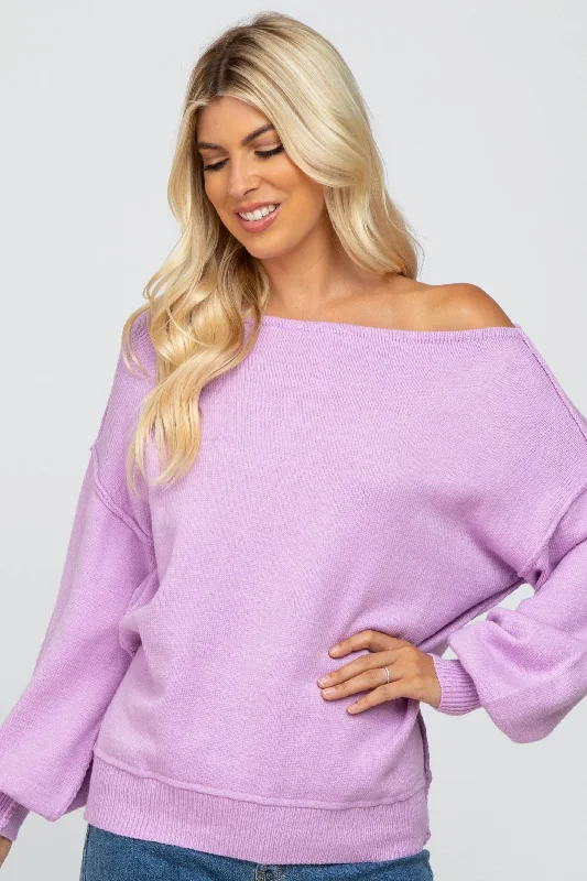 Hooded Women Sweater for Added Comfort and StyleLavender Boat Neck Bubble Sleeve Sweater