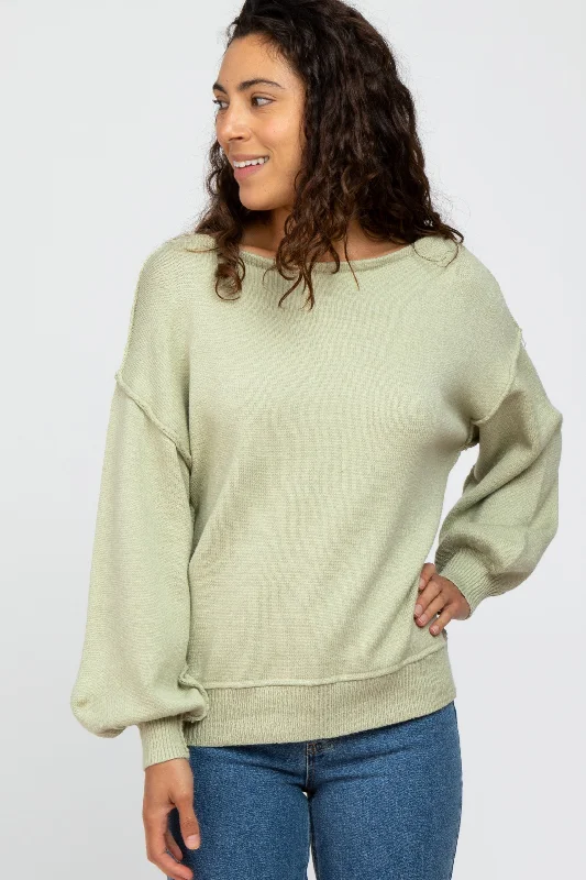 V - Neck Women Sweater to Elongate the NecklineLight Olive Boat Neck Bubble Sleeve Sweater