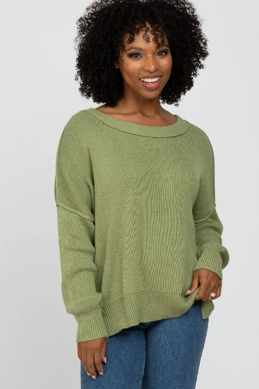 V - Neck Women Sweater to Elongate the NecklineLight Olive Exposed Seam Side Slit Sweater