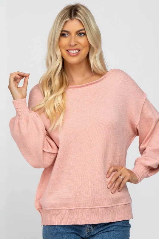 Open - Front Women Sweater for Easy LayeringLight Pink Boat Neck Bubble Sleeve Sweater