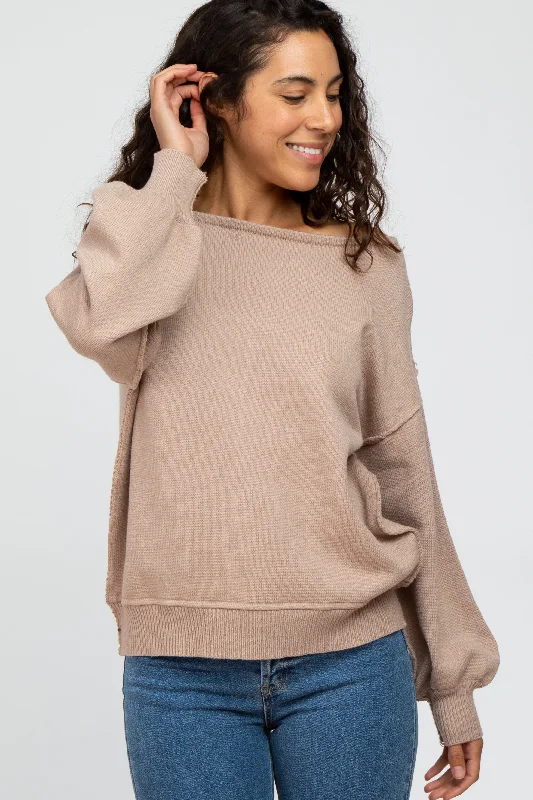 Striped Women Sweater with a Timeless PatternMocha Boat Neck Bubble Sleeve Sweater