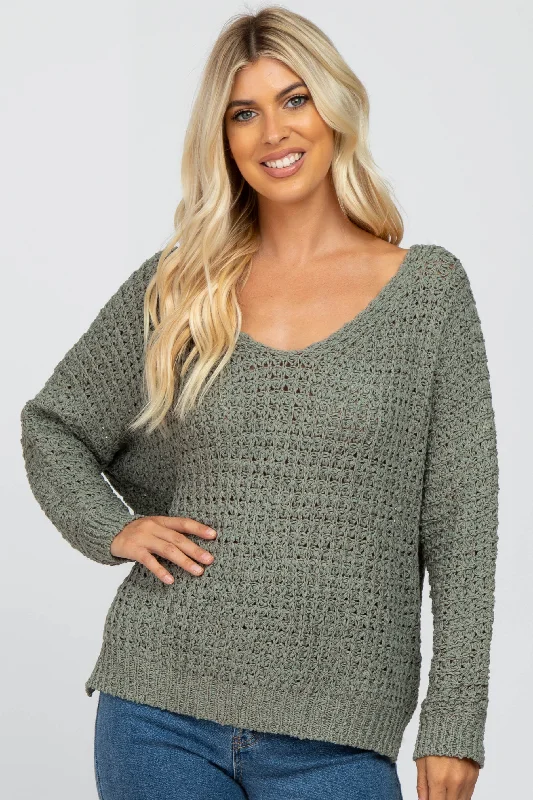 Open - Front Women Sweater for Easy LayeringOlive V-Neck Side Slit Thick Knit Sweater