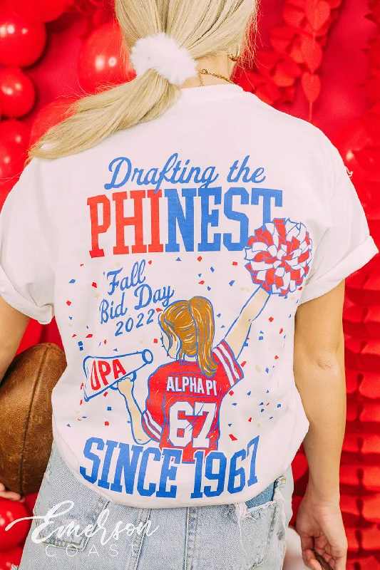 Pocketed Women T Shirt for Added FunctionalityOmega Phi Alpha Bid Day Drafting the Phinest Tee