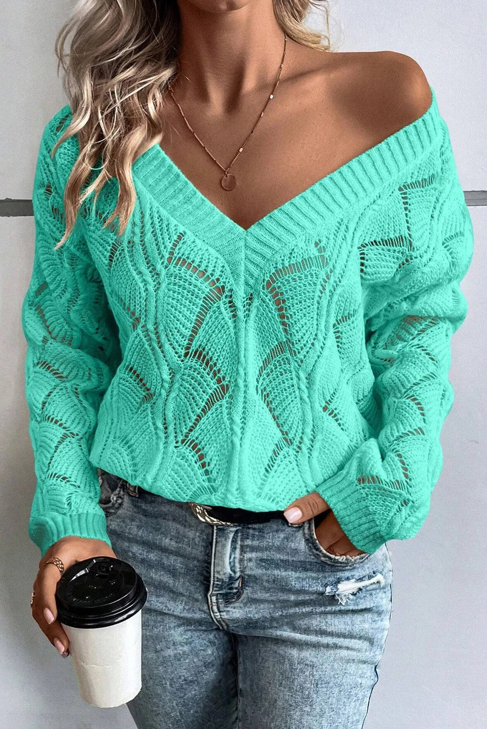 Chunky Knit Women Sweater for Winter WarmthOpenwork V-Neck Long Sleeve Sweater