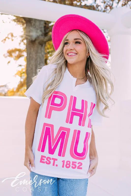 Distressed Women T Shirt with a Laid - Back AestheticPhi Mu PR Block Letter Notch Tee