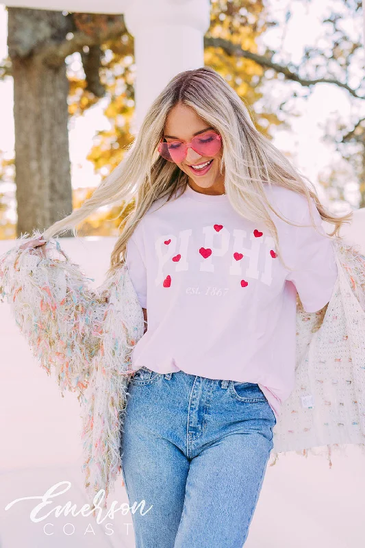 Tie - Dye Women T Shirt with a Bohemian VibePi Beta Phi PR Varsity With Hearts Tee