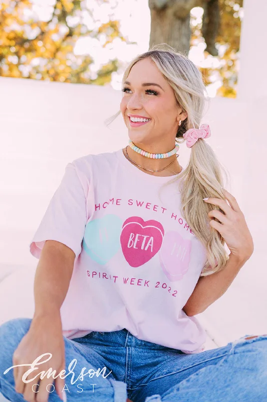 Embroidered Women T Shirt with Intricate DetailsPi Beta Phi Spirit Week Candy Hearts Tee