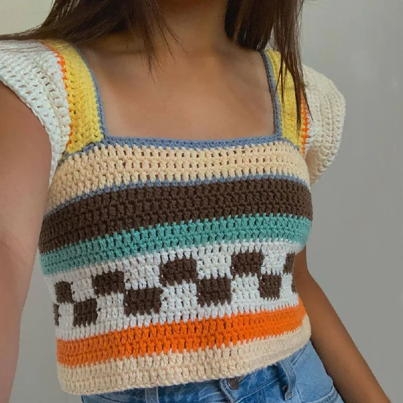 Turtleneck Women Sweater for a Classic and Elegant StyleRainbow Striped Square Neck Cap Sleeve Crochet Open Knit Cropped Top