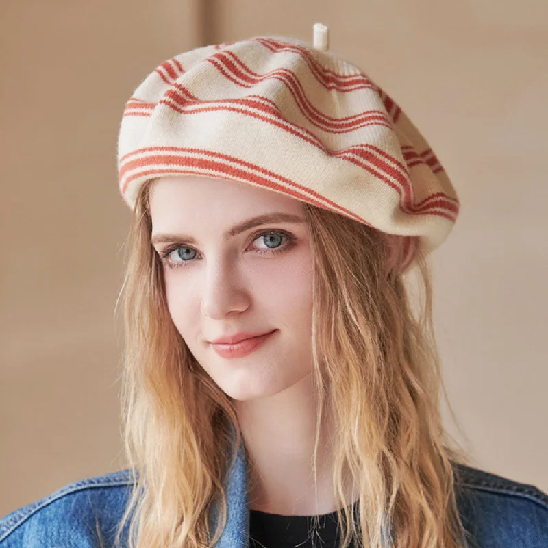 V - Neck Women Sweater to Elongate the NecklineRetro Chic Contrast Color Striped Pattern Wool Blend Knit Beret Hat